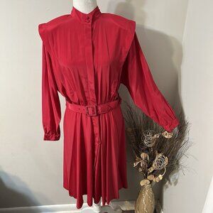 Vtg 80s Alain Toussaint Dress Womens Red Belted Elastic Waist Button Front Sz 12